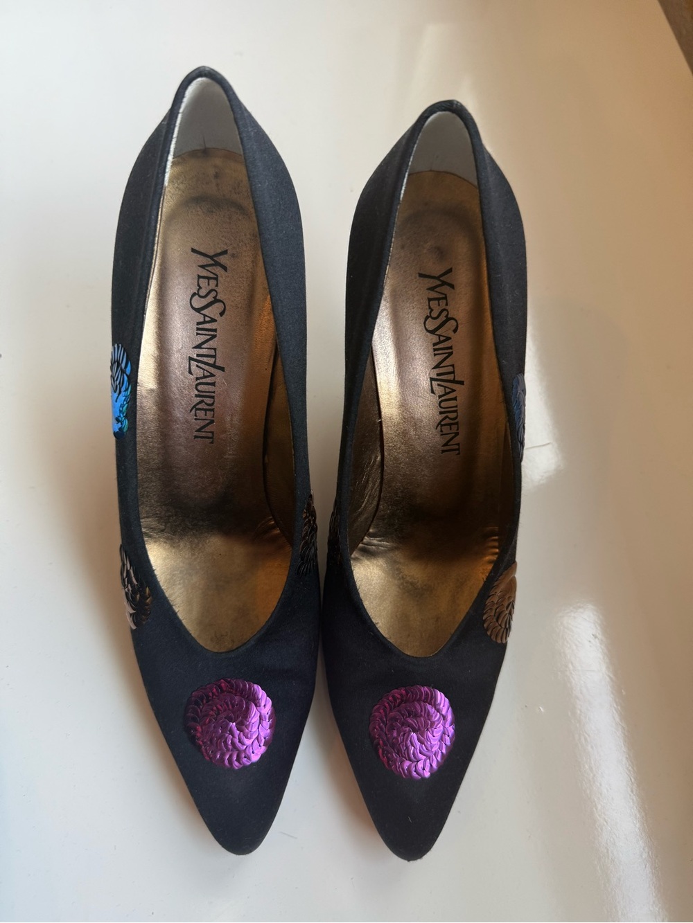 Yves Saint Laurent Black Satin Pumps with Blue and Gold Sequin Medallions - Picture 4 of 13